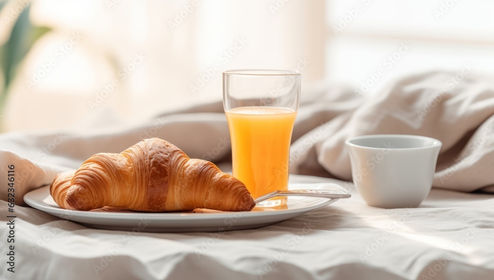 Breakfast tray with orange juice, croissants and milk in the room