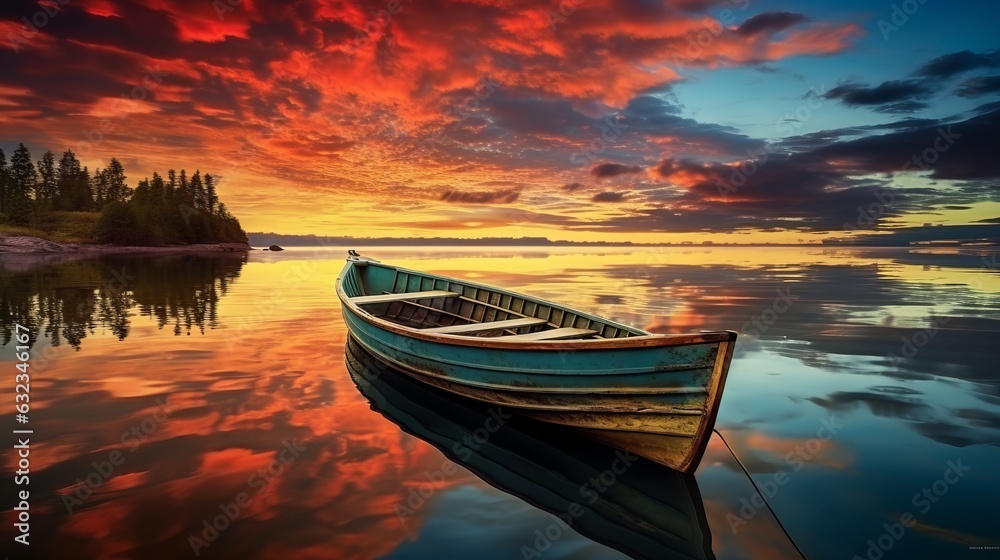 Red sky with an orange boat at the lake