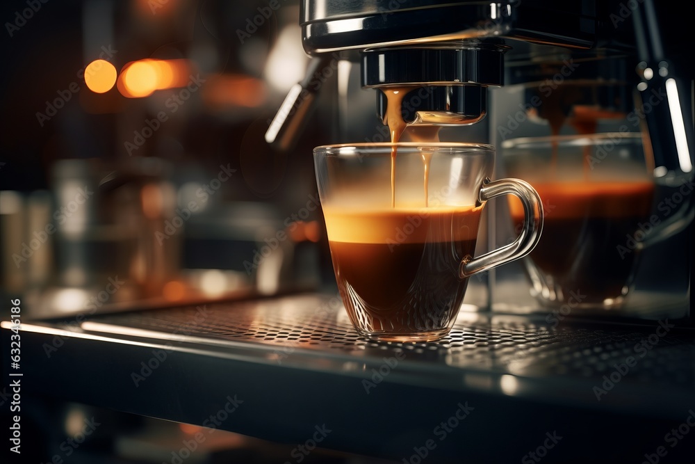 Cup of coffee being drained by espresso brewing machine,