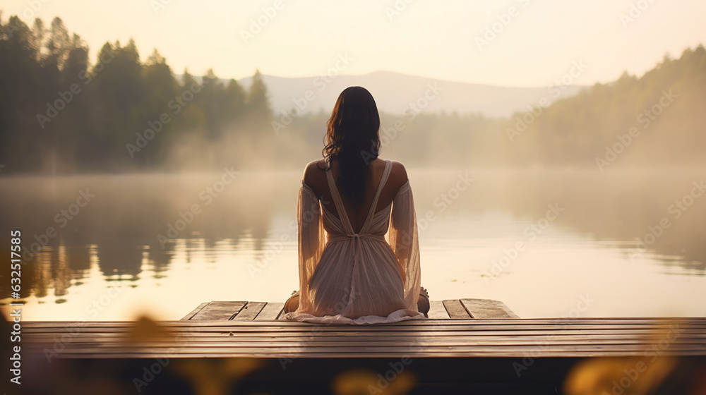 Young girl practice yoga on wooden pier with a view on lake and beautiful landscape. Generative AI