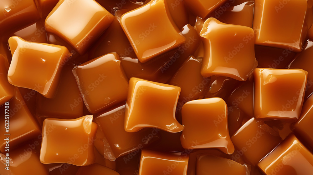 Toffee candy, caramel candies background. Sweet backdrop. Generative AI