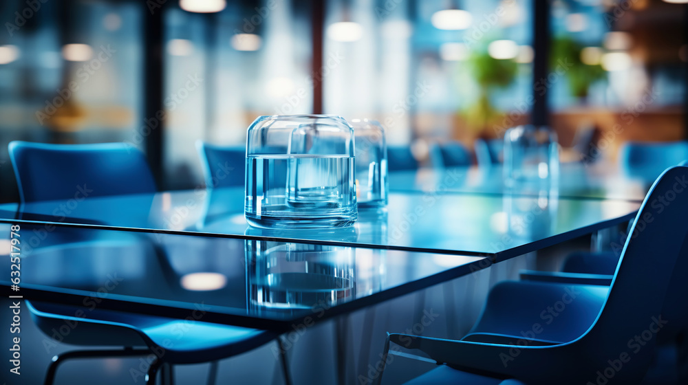 Modern minimalist corporate conference room with glass table in blue shades. Generative AI