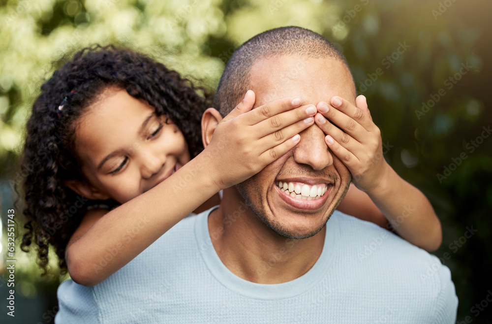 Cover, eyes or father playing with child in garden, backyard or nature park for fun games on holiday