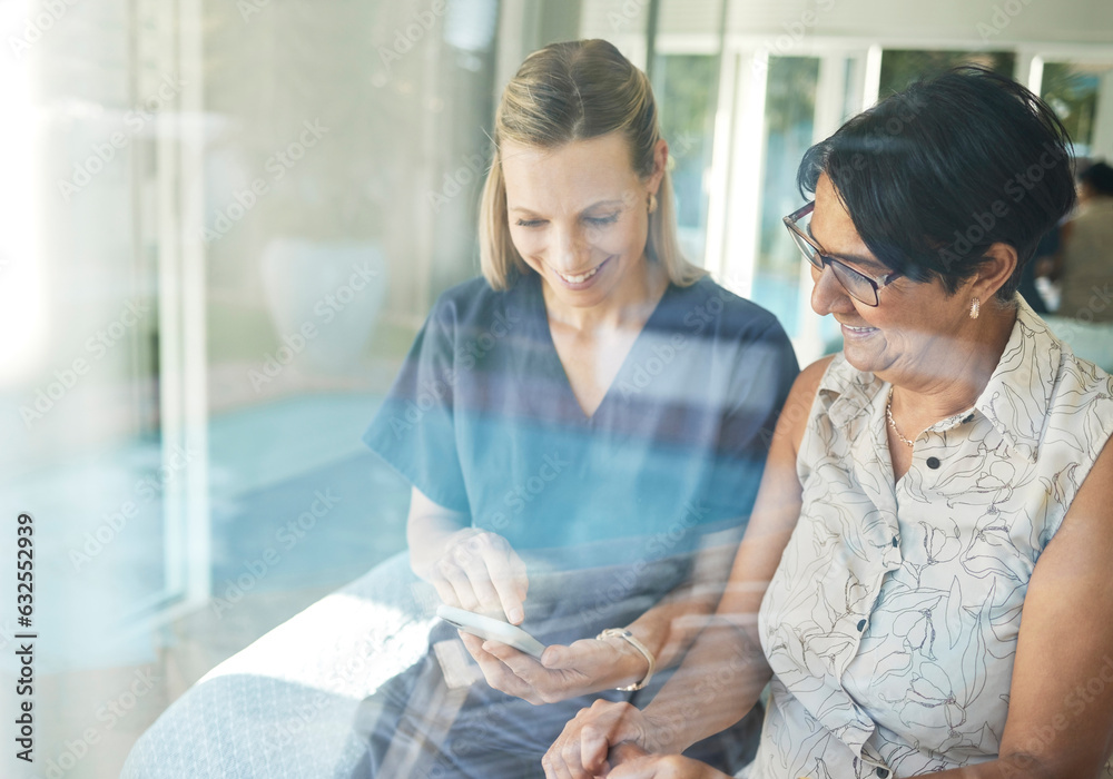 Happy woman, nurse and phone with senior in elderly care for support, consultation or healthcare dia