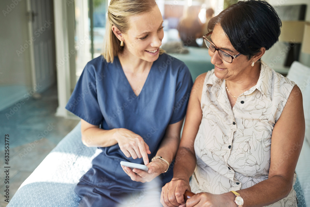 Happy woman, nurse and phone in elderly care for support, consultation or healthcare diagnosis at ho