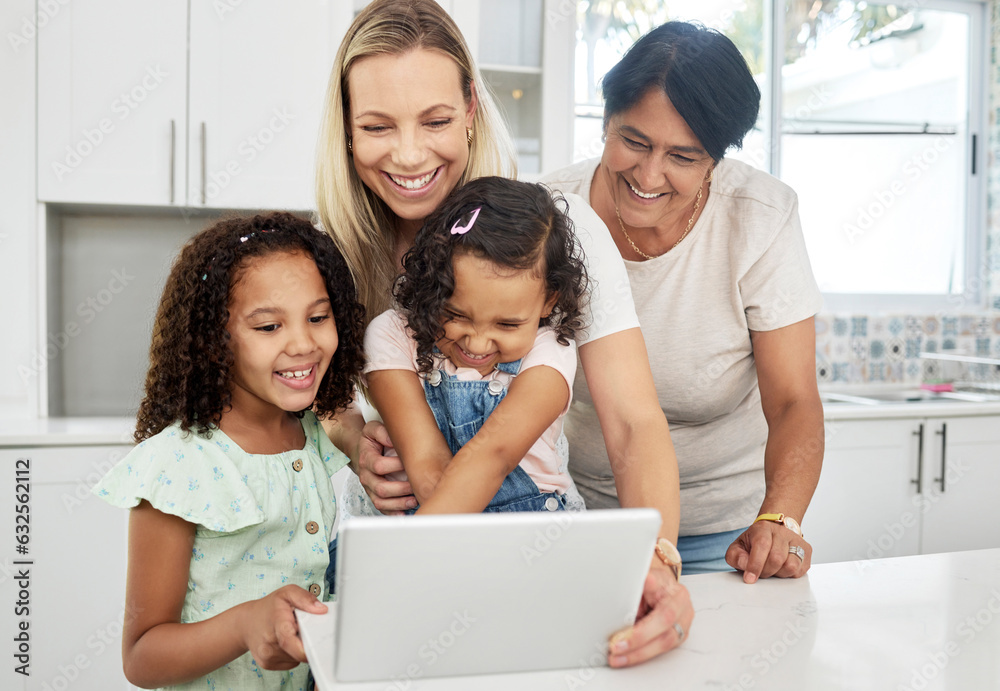 Blended family, adoption and a girl with her mother on a tablet in the kitchen for education or lear