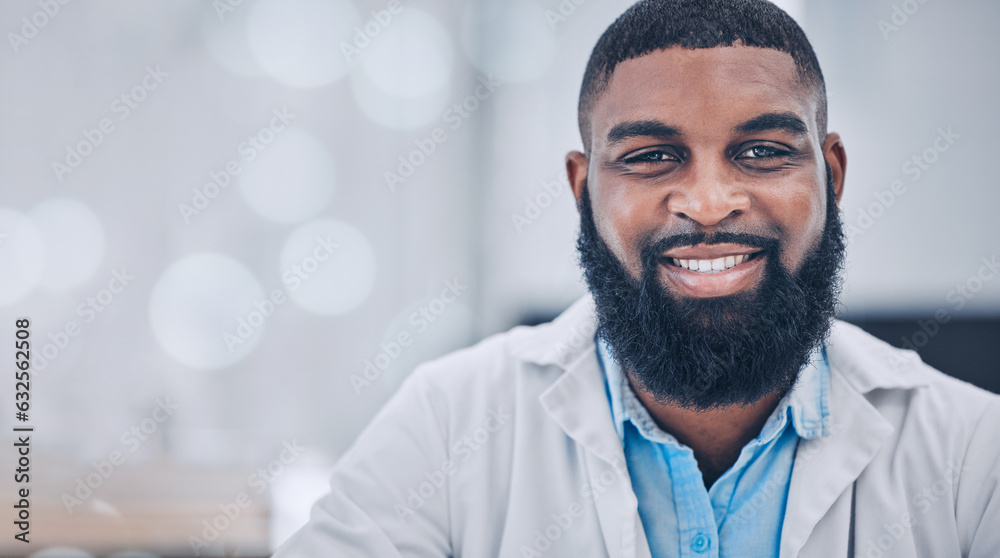 Scientist, black man and face smile in laboratory, research or health, test or experiment on bokeh. 