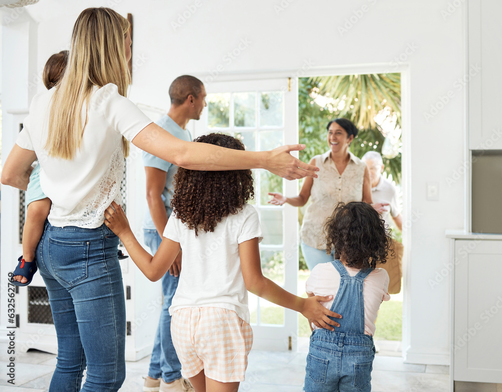 Happy, home and family welcome grandparents by door excited for bonding, spending time and relations