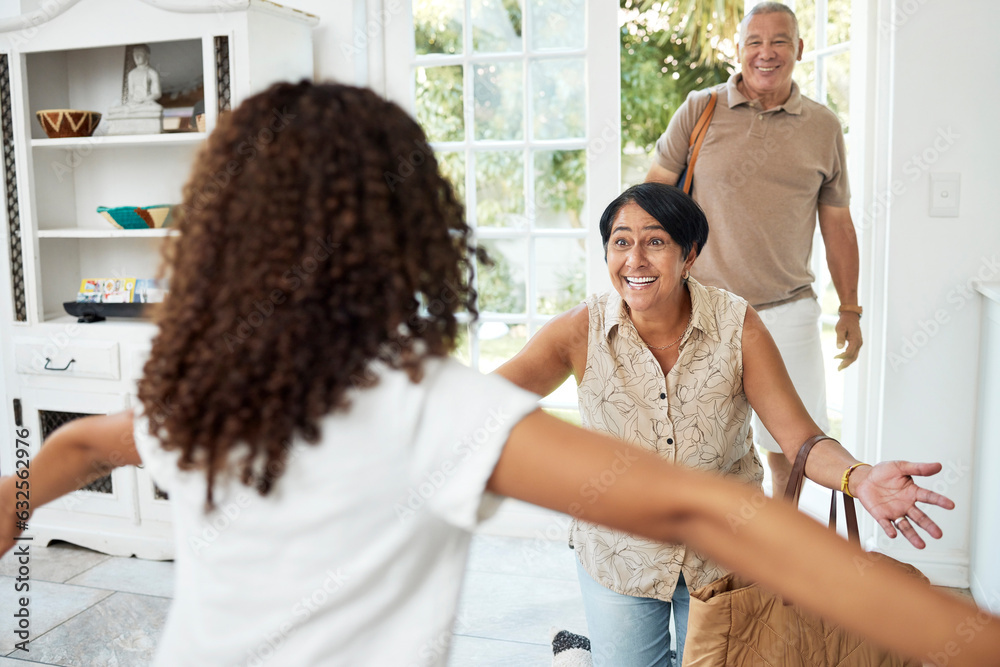 Hello, home and girl running to grandparents by door excited for bonding, spending time and relation