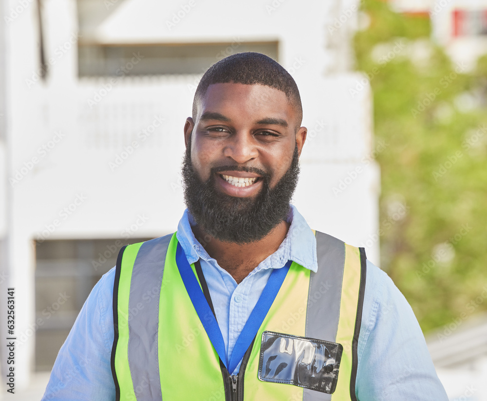 Black man, portrait and construction worker, maintenance and engineering with smile and architecture