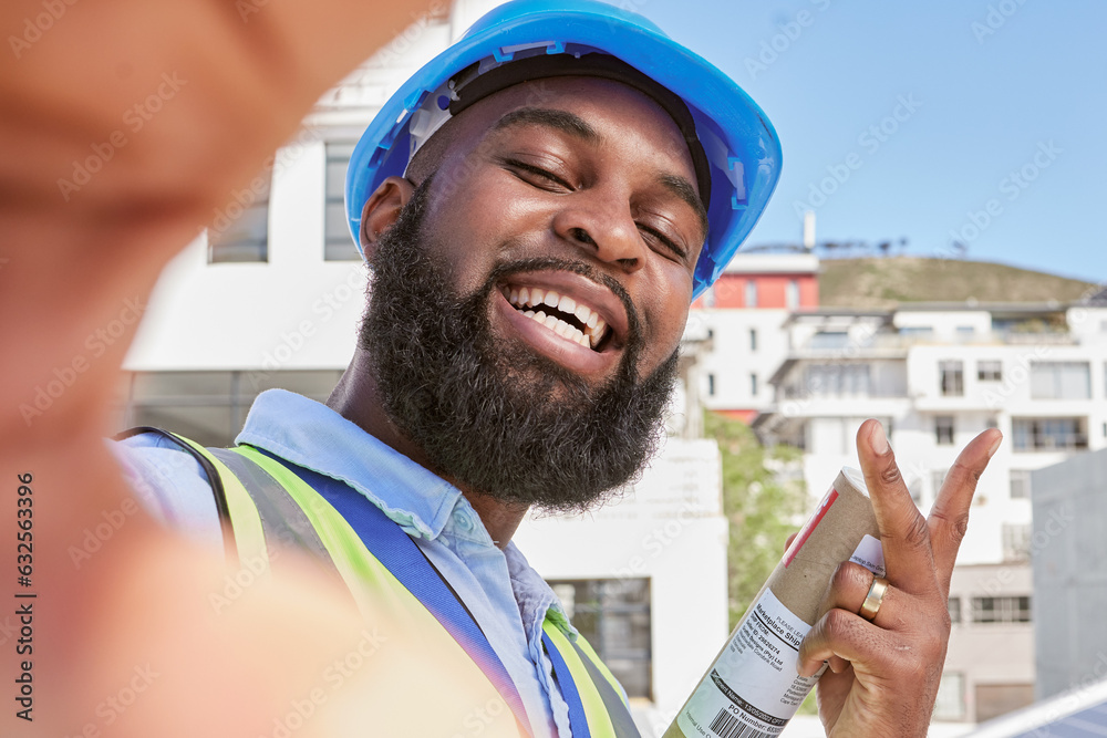 Engineer, selfie and peace with a man outdoor in a city for architecture, building and construction.