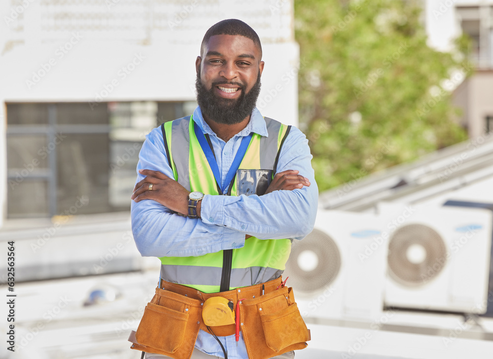 Black man, portrait and construction worker, arms crossed and maintenance, engineer smile and archit