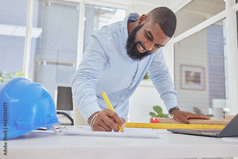 Engineering, happy or black man drawing in office for architecture, research or building design. Smi