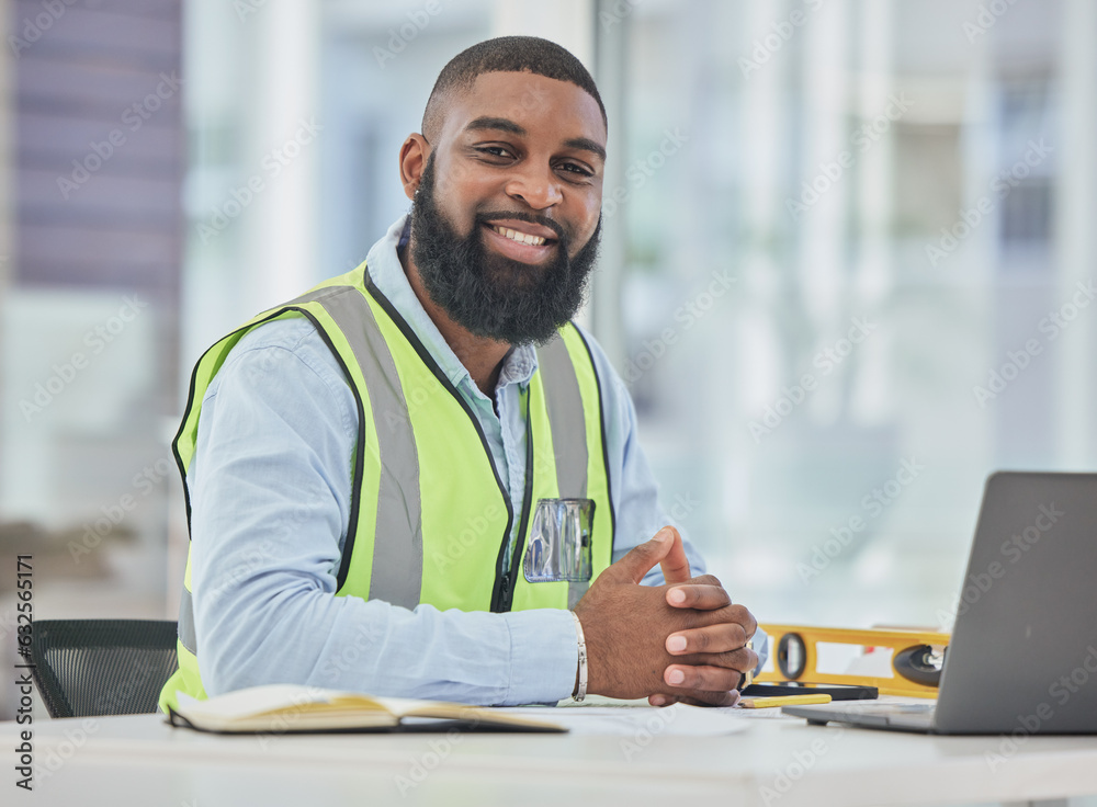 Architecture, portrait or laptop with black man in office for engineering, research or building desi