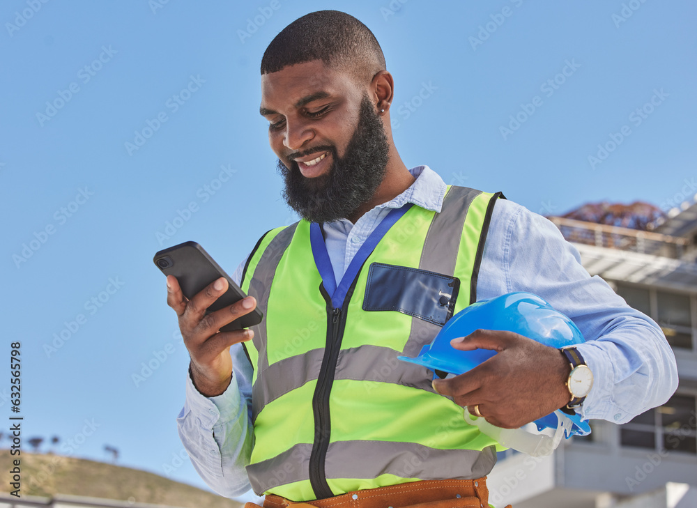 Black man, online or architect with phone on construction site for building update, social media or 