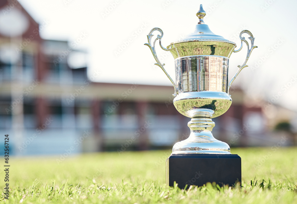 Trophy on grass, champion and prize with fitness outdoor, competition and game with mockup space. Aw