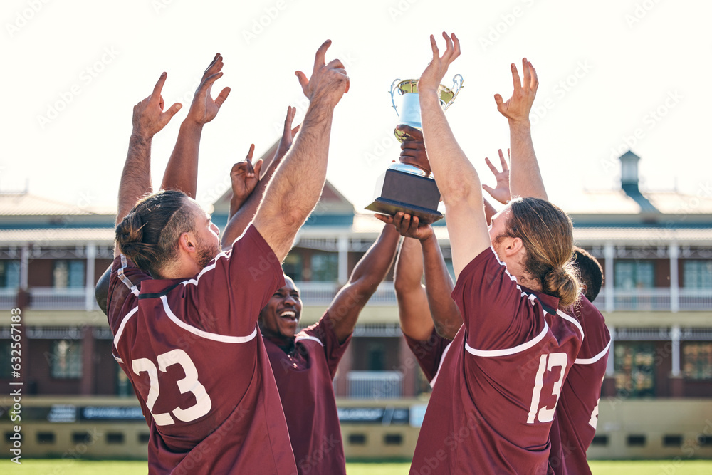 Rugby, team and winner with trophy, champion and men at stadium with success, celebration and achiev