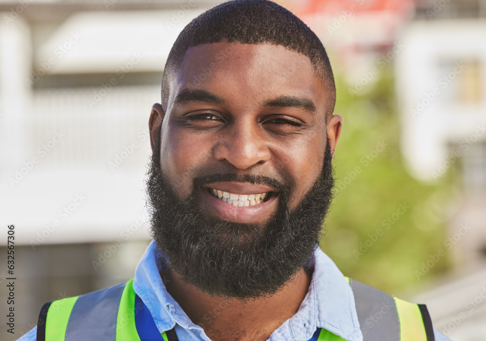 Black man, smile in portrait and construction worker, maintenance and engineering and architecture o