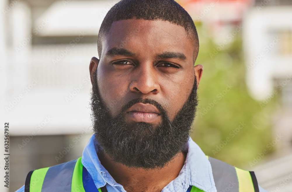 Black man, portrait and construction worker, maintenance and headshot with and engineering and archi