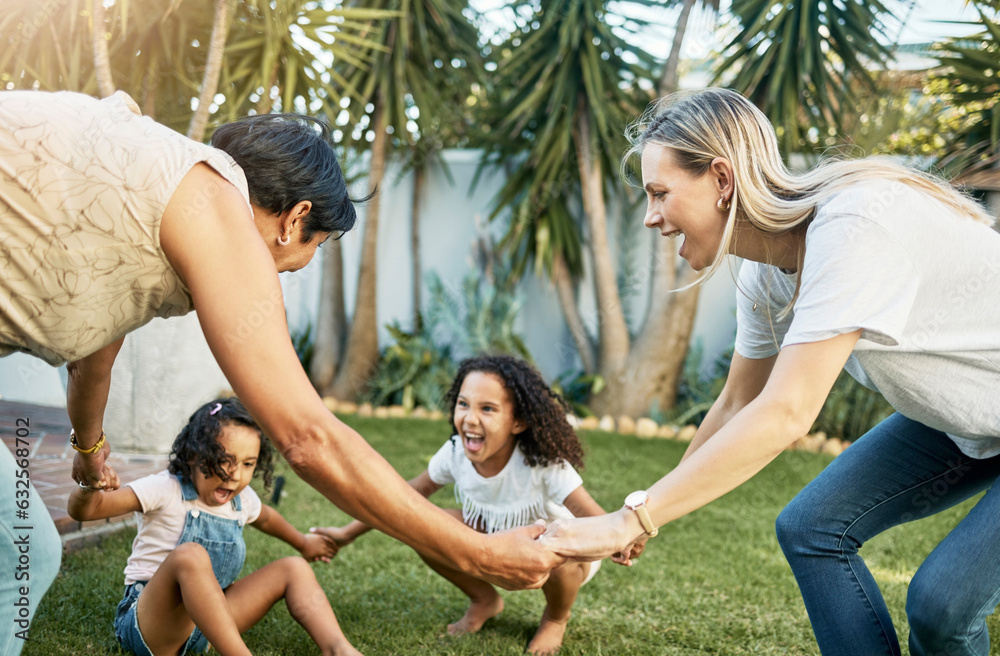 Grandma, play or mom with children in backyard bonding as a happy family in a fun game with love. La