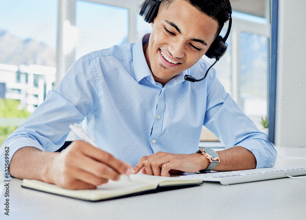 Smile, call center and a man with a notebook for planning, telemarketing agenda or consulting notes.