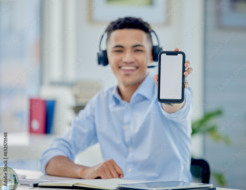 Telemarketing, mockup and man with a smartphone, call center and advertising with customer service, 