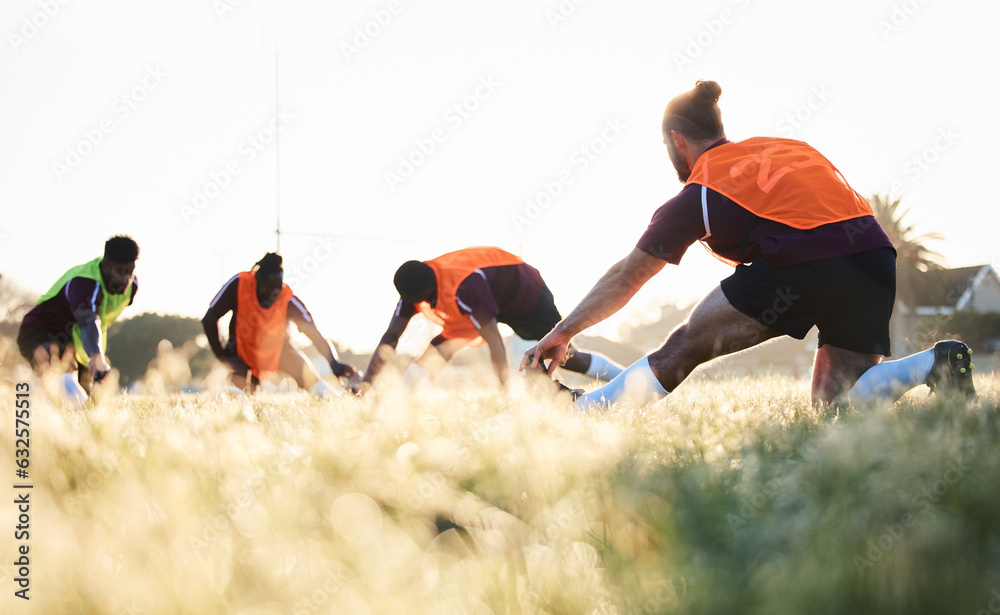 Rugby, team and group stretching at training for match or competition in the morning doing warm up e