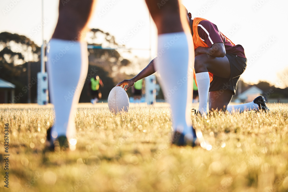 Legs, ball and rugby, sports on field outdoor with team, target with fitness and train for match. Ex