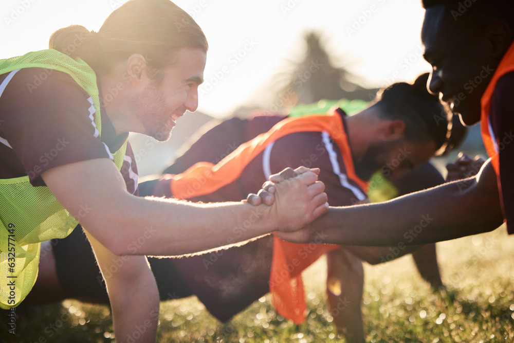 Rugby, handshake and team, exercise and training, cooperation and sunrise. Shaking hands, sports par