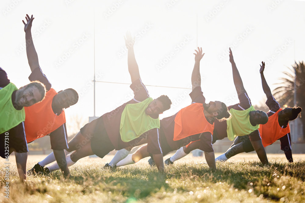 Rugby, fitness and team at training for competition or morning match doing warm up exercise on grass