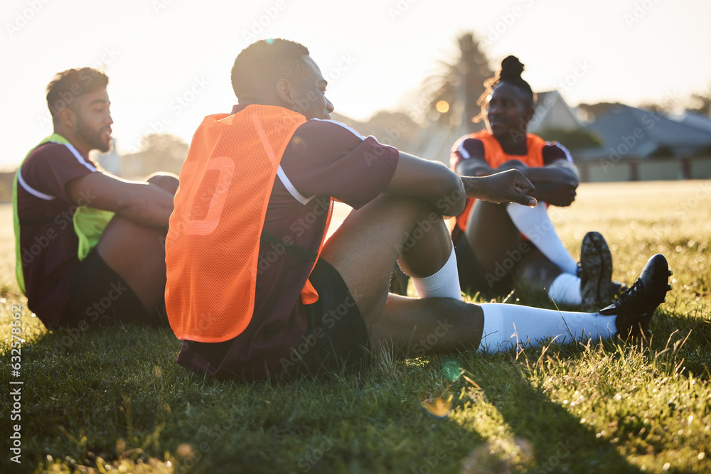 Rugby, team and men relax on field outdoor, talking and communication at sunrise in the morning. Spo