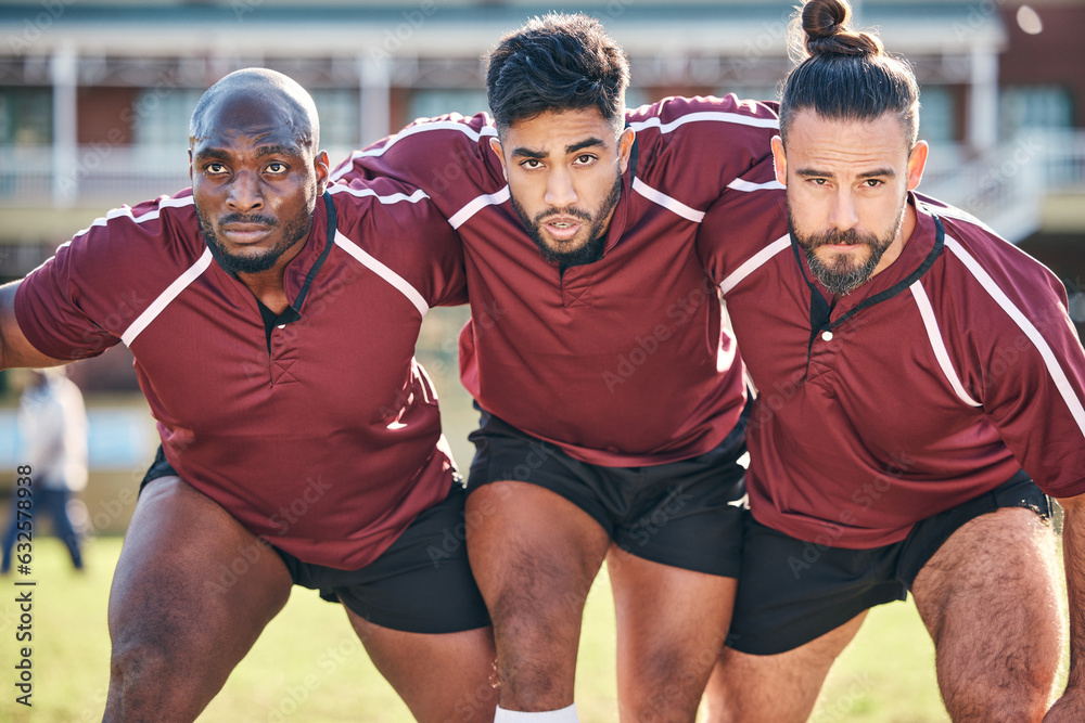 Portrait, sports and a rugby team training together for a scrum in preparation of a game or competit