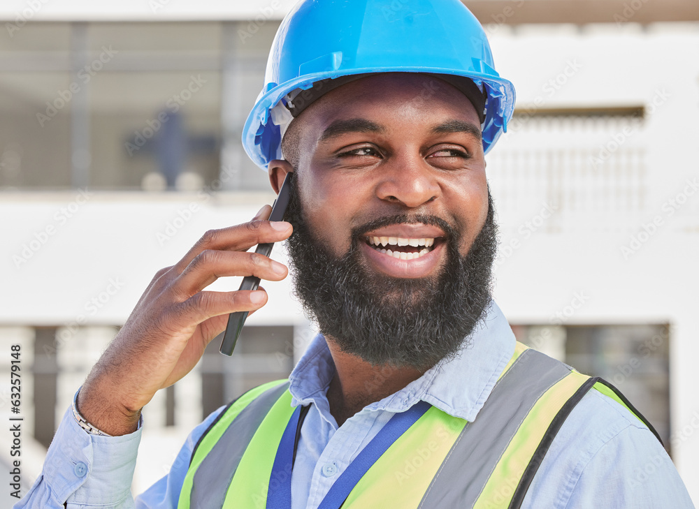 Engineering, phone call and smile with black man in city for architecture, communication and contact