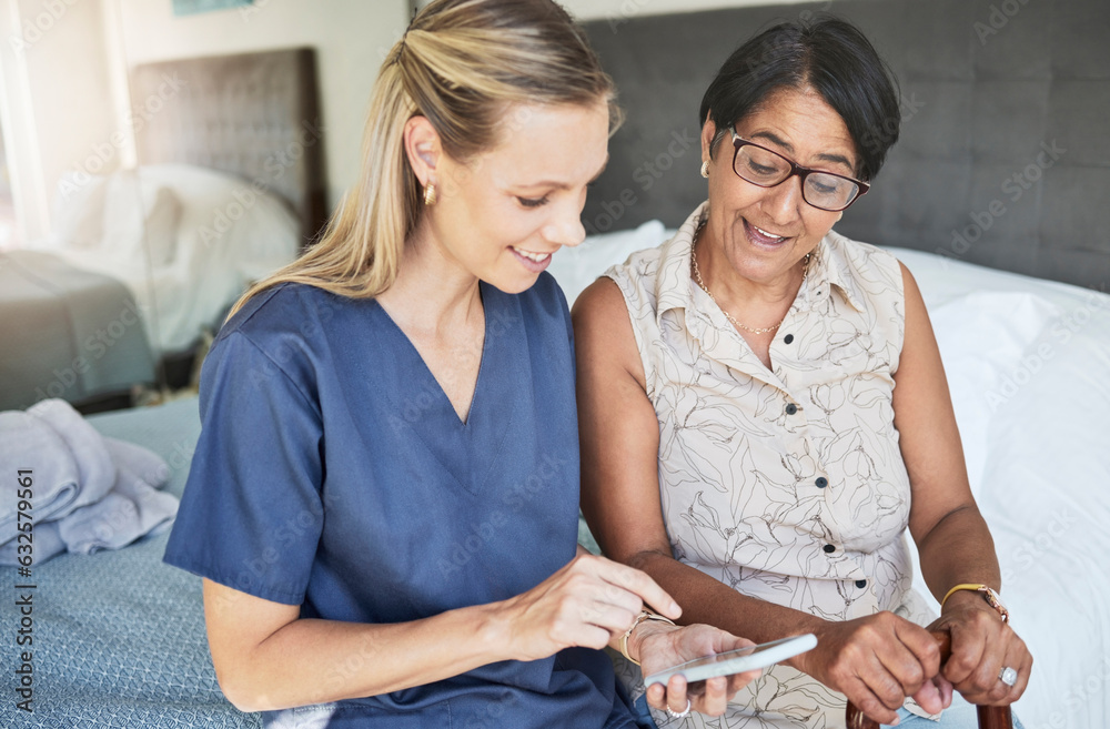 Happy woman, nurse and phone in elderly care for consultation, support or healthcare diagnosis at ho