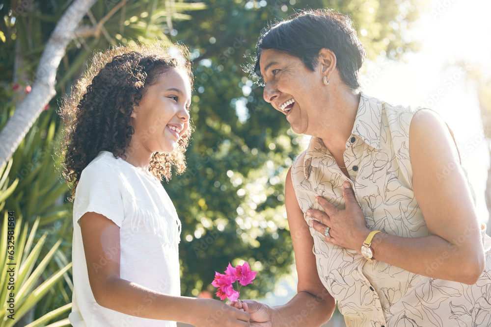 Flower gift, child or grandmother in park bonding together on mothers day with care, love or support