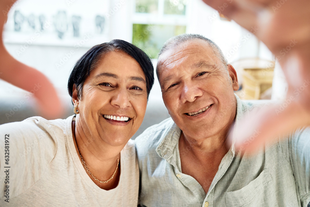 Mature couple, selfie and smile portrait on home sofa for video call, streaming and internet. A happ