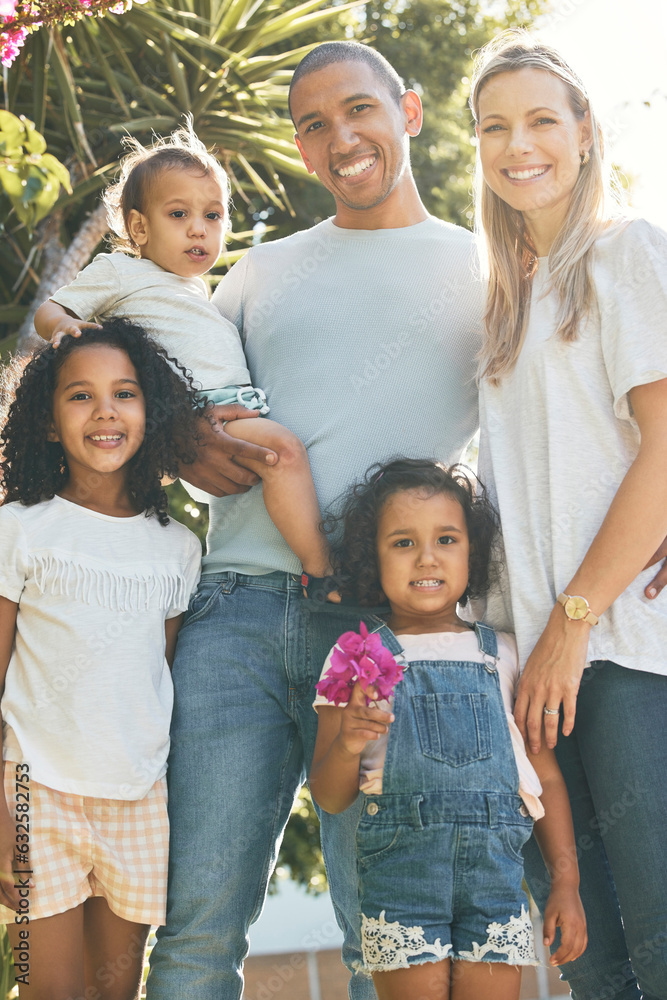 Smile, parents or portrait of children in park with support, care or love in an interracial or blend