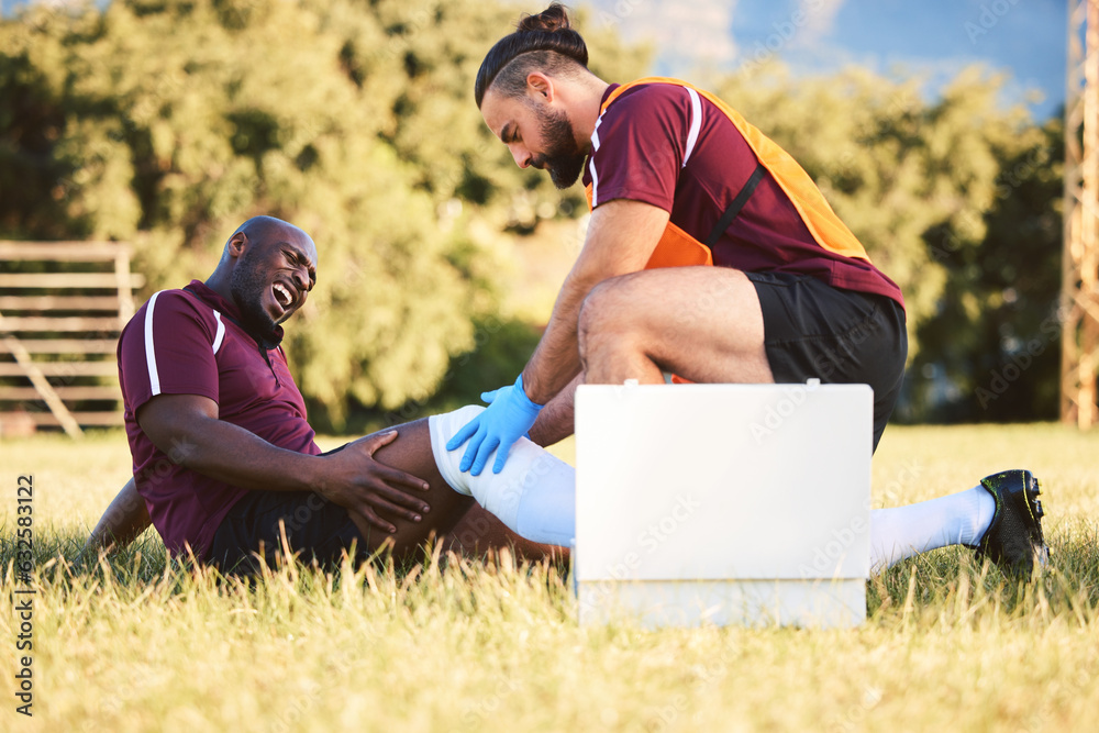 Black man, knee pain and injury, medic help athlete and sports accident on field with health and wel