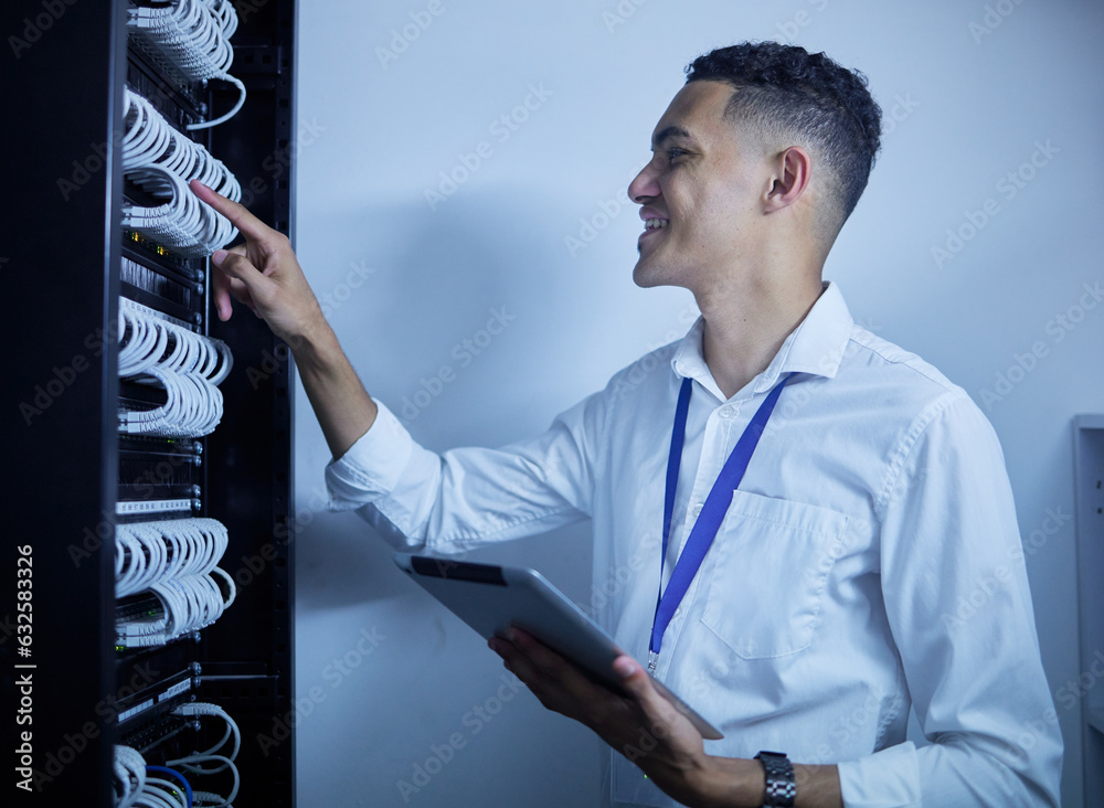 Man, electrician and tablet in server room or data center inspection, system solution or cybersecuri