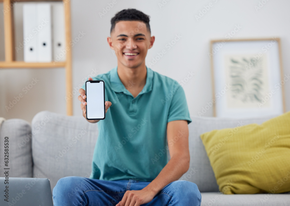 Phone screen, mockup and smile with portrait of man for networking, social media and space. Internet