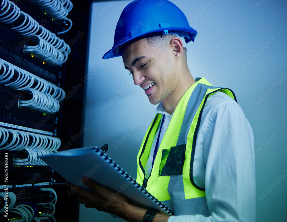 Electrician, maintenance guide and control room, man with paperwork and power box with cable update 