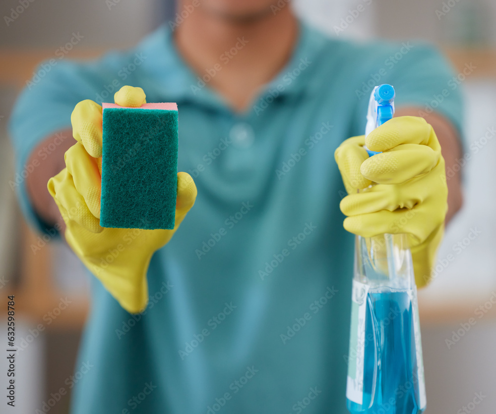 Hands, sponge and spray for cleaning of a home, gloves for safety and detergent bottle. Closeup, sho