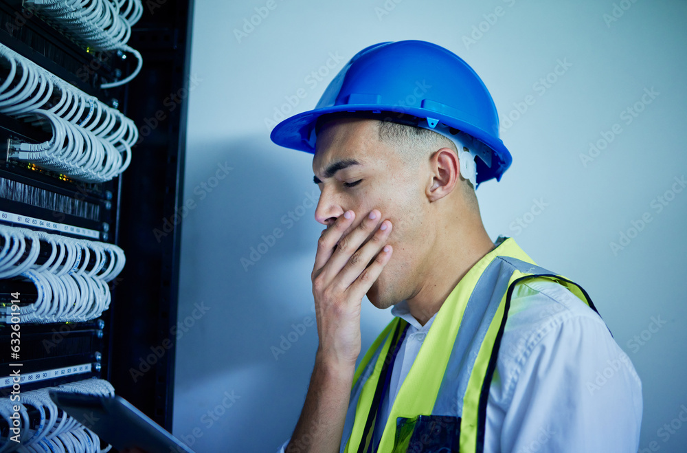 Electrician, control room with man yawning, tired with tablet and tech, power box with update and bu