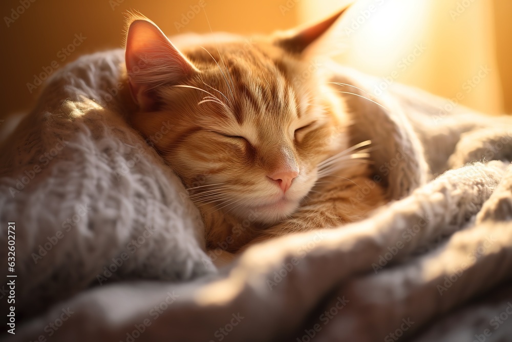 sleepy cat relaxing on a cozy sofa with sunlight from the window, close up