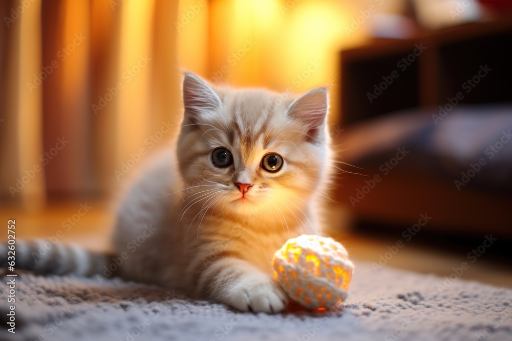 cute little kitten playing with a ball of yarn