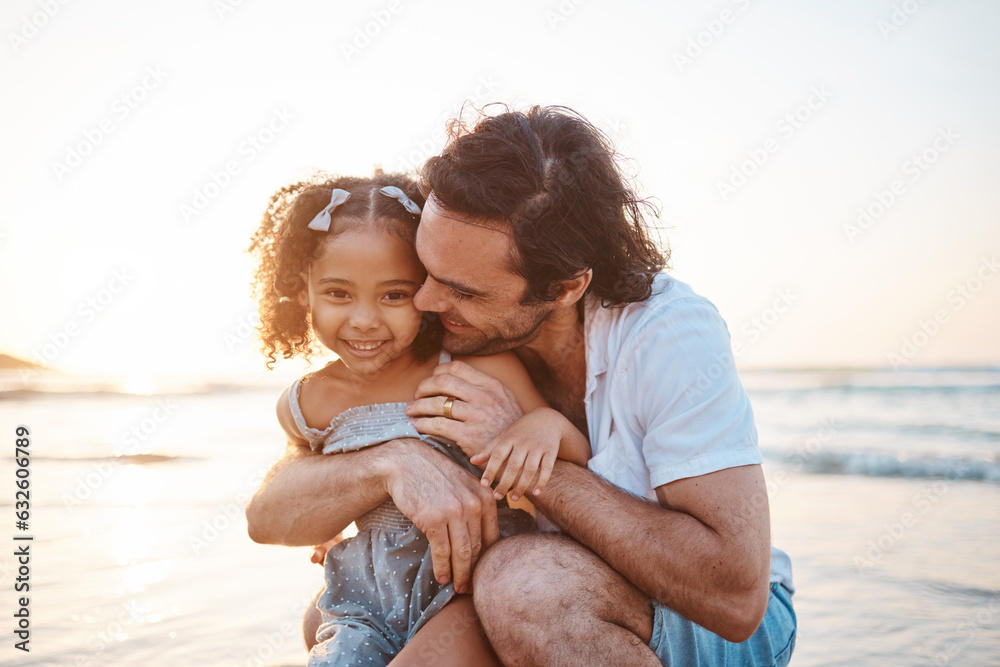 Hug, portrait and a child and father at the beach for holiday, care and love together after adoption