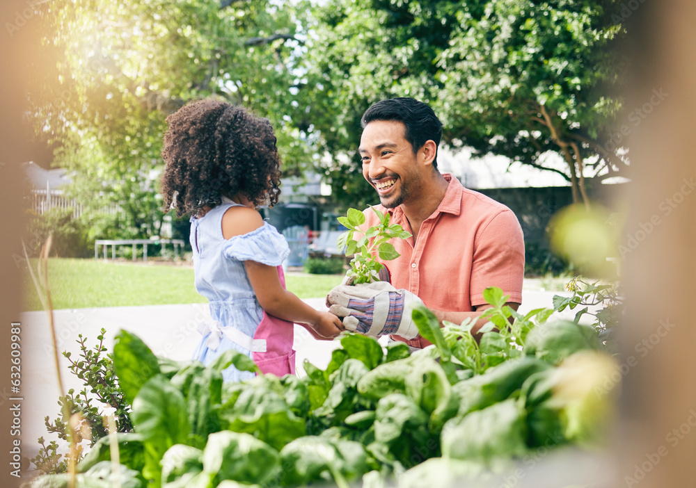 Garden, plant and happy family child, father and plant leaf seeds, nature care or agriculture suppor