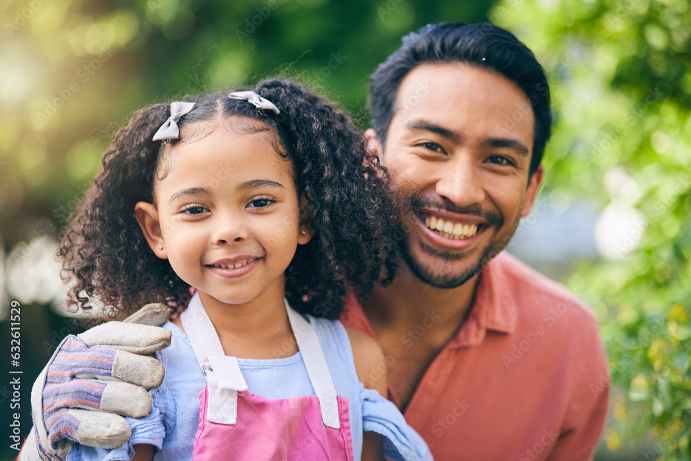 Gardening, portrait of dad and child in backyard with plants, teaching and learning with growth in n