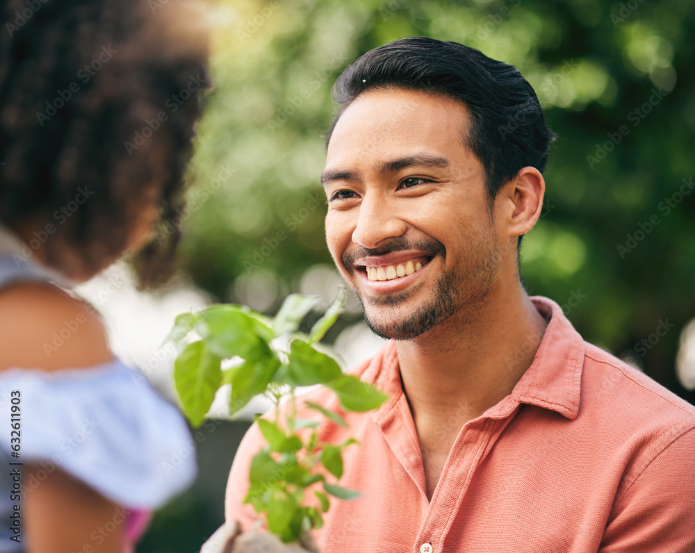 Garden, plant grow and face of happy family, dad or child listening to gardening advice, environment