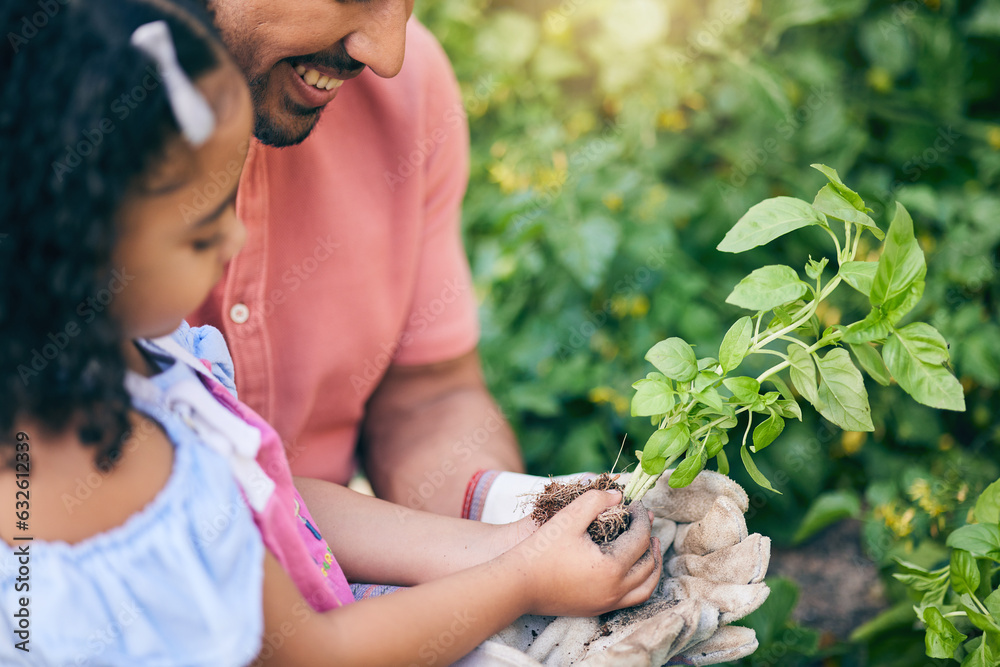 Garden, plant grow and happy child, father or family gardening, nature care or agriculture in backya